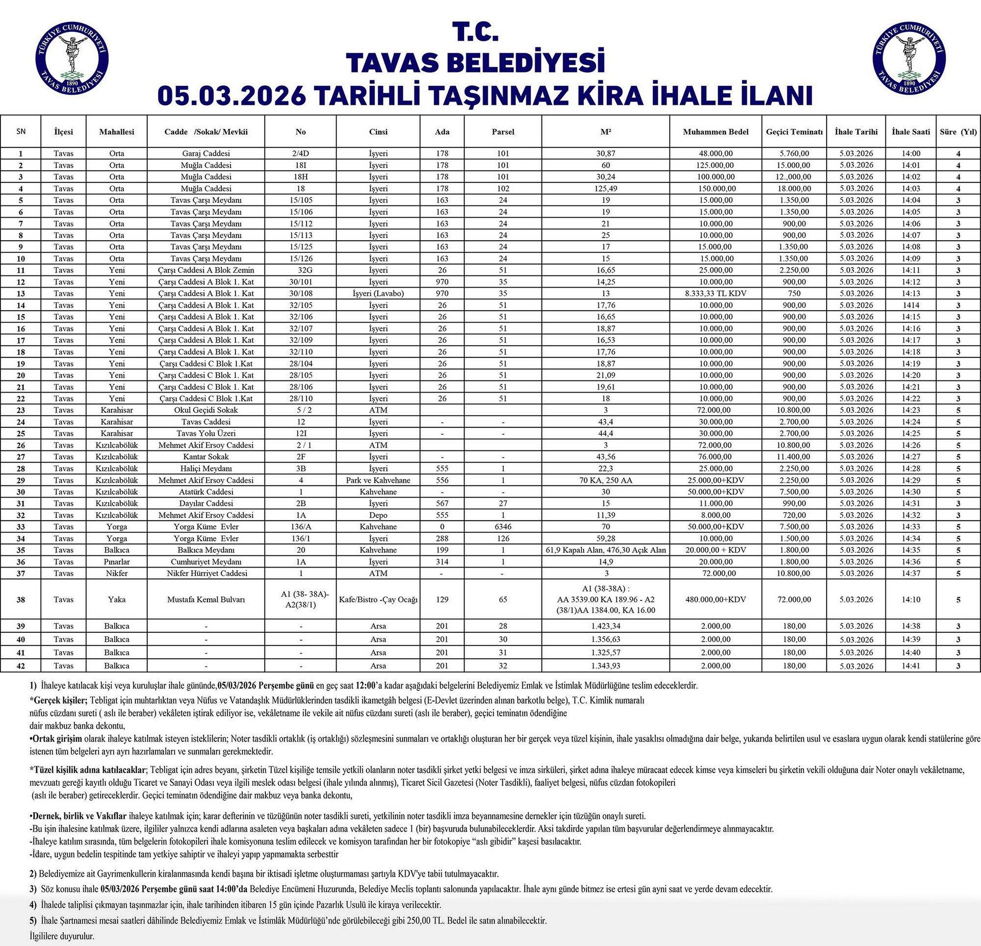 05.03.2026 TARİHLİ TAŞINMAZ KİRA İHALESİ