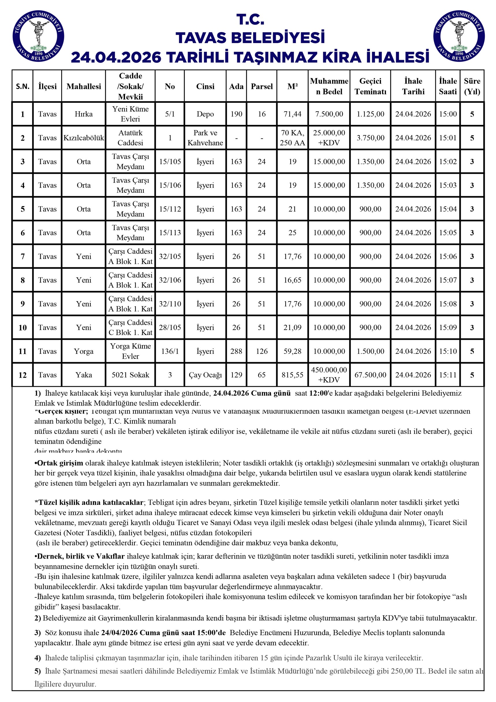 24.04.2026 TARİHLİ TAŞINMAZ KİRA İHALESİ