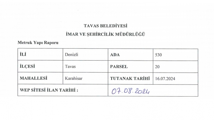 KARAHİSAR MAHALLESİ 530 ADA 20 PARSEL METRUK YAPI RAPORU