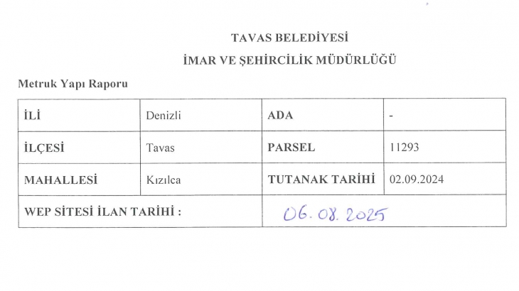 KIZILCA MAHALLESİ 11293 PARSEL METRUK YAPI İLANI