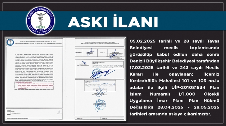 KIZILCABÖLÜK MAHALLESİ 101 ve 103 NOLU ADALAR UYGULAMA İMAR PLAN HÜKMÜ DEĞİŞİKLİĞİ ASKI İLANI
